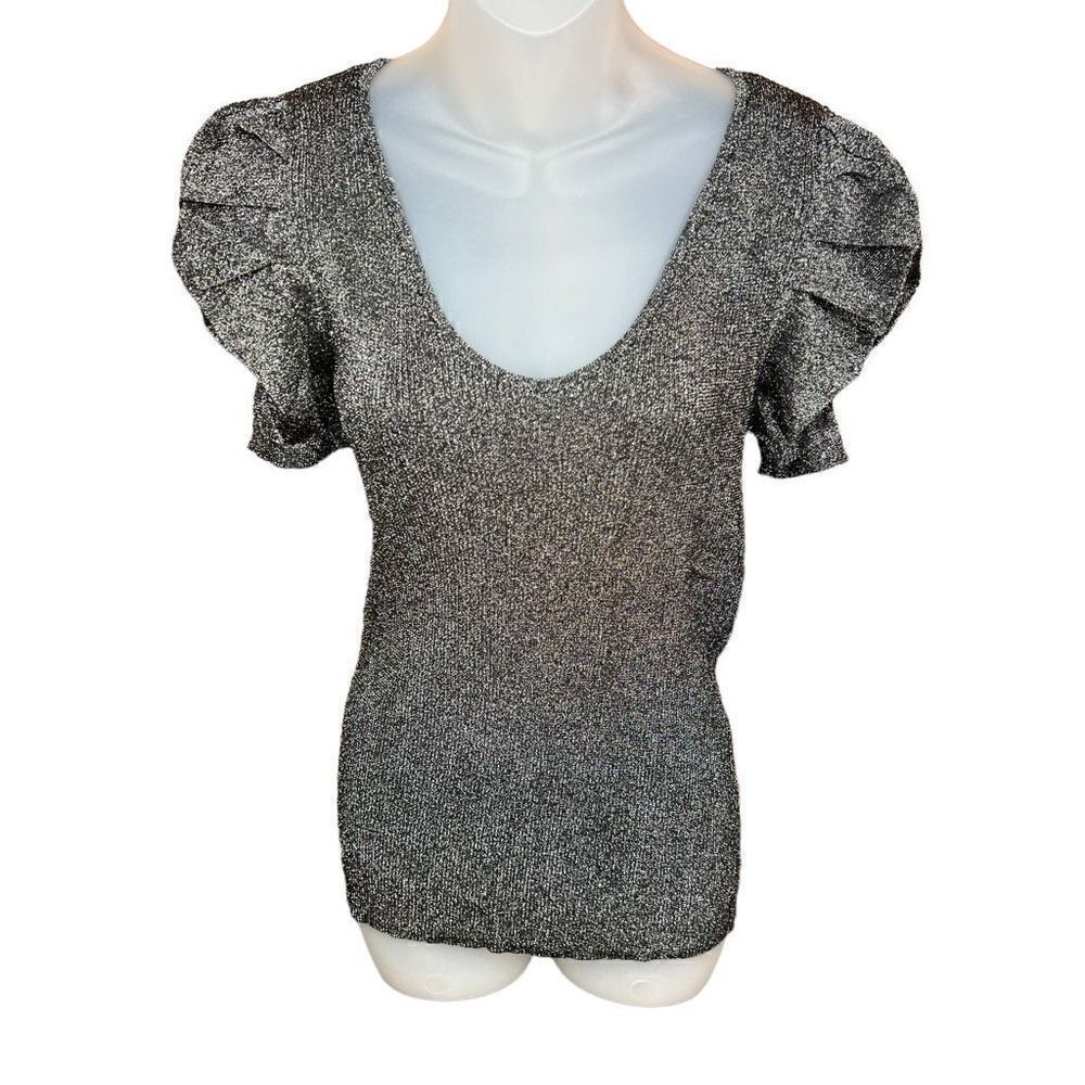INC International Concepts Top Scoop Neck Black Silver Metallic Ruched Sleeves L